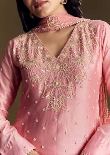 Pastel Pink Chanderi Sharara Suit With Cut Dana Sequins