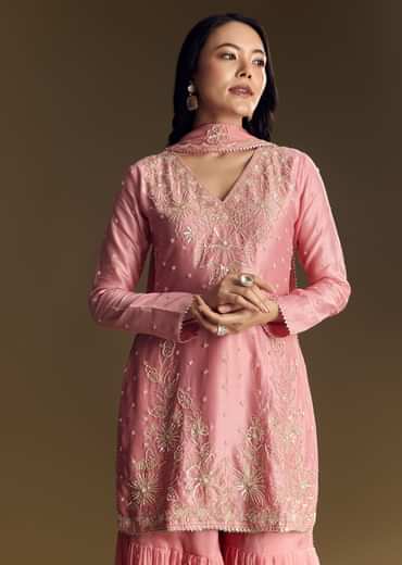 Pastel Pink Chanderi Sharara Suit With Cut Dana Sequins