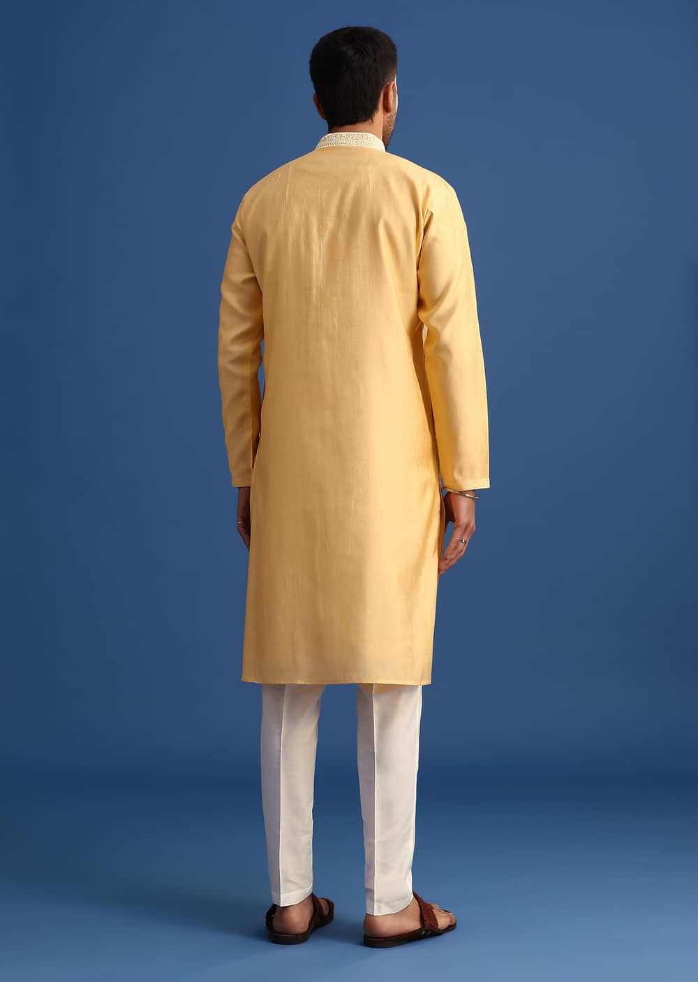 Pastel Yellow Hand Embroidered Kurta Set In Silk