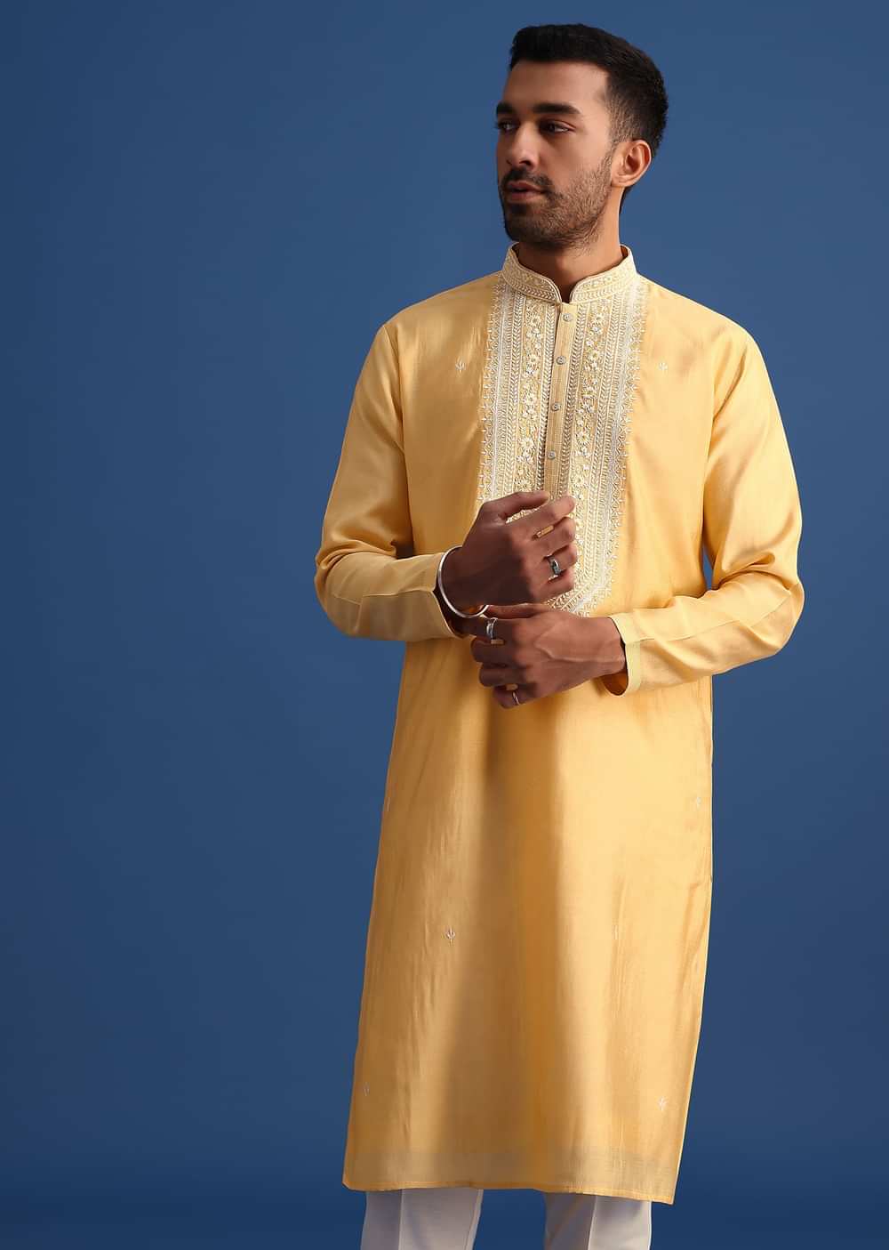 Pastel Yellow Hand Embroidered Kurta Set In Silk
