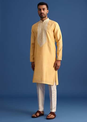 Pastel Yellow Hand Embroidered Kurta Set In Silk