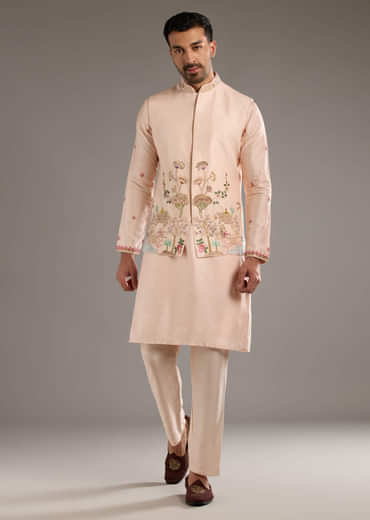 Peach Banarasi Silk Kurta Jacket Set For Men With Heavy Hand Embroidery