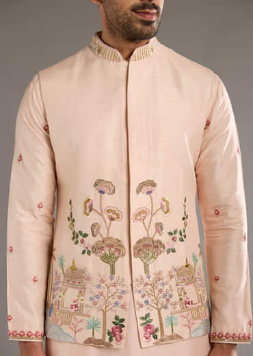 Peach Banarasi Silk Kurta Jacket Set For Men With Heavy Hand Embroidery