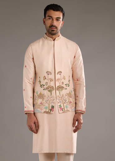 Peach Banarasi Silk Kurta Jacket Set For Men With Heavy Hand Embroidery