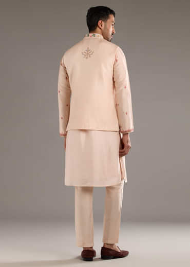 Peach Banarasi Silk Kurta Jacket Set For Men With Heavy Hand Embroidery