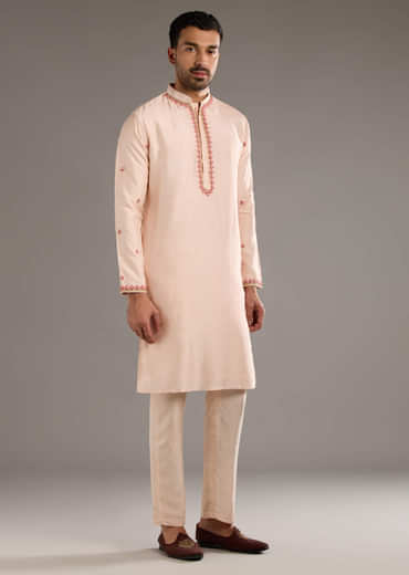 Peach Banarasi Silk Kurta Jacket Set For Men With Heavy Hand Embroidery