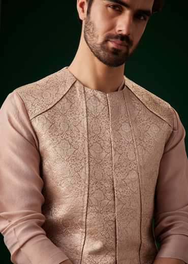 Peach Banarasi Silk Kurta Jacket Set