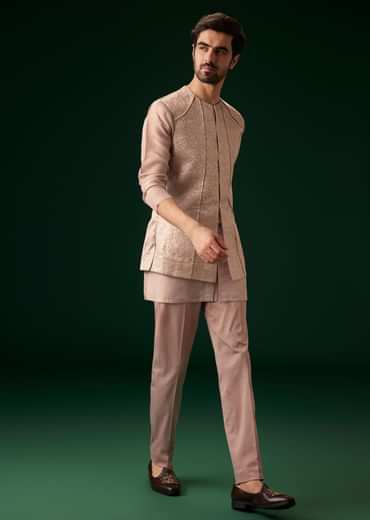 Peach Banarasi Silk Kurta Jacket Set