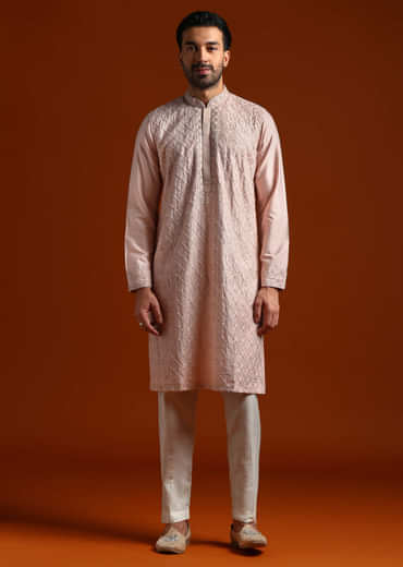 Peach Banarasi Silk Kurta Set For Men With Heavy Hand Embroidery