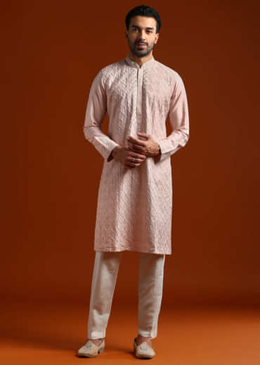 Peach Banarasi Silk Kurta Set For Men With Heavy Hand Embroidery