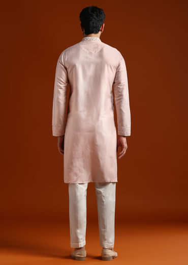 Peach Banarasi Silk Kurta Set For Men With Heavy Hand Embroidery