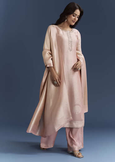Peach Banarasi Tissue Kurta Set With Zardosi Neckline