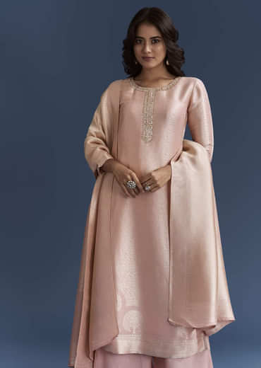 Peach Banarasi Tissue Kurta Set With Zardosi Neckline