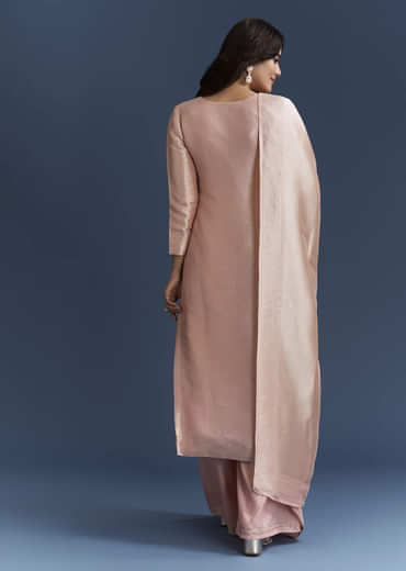 Peach Banarasi Tissue Kurta Set With Zardosi Neckline