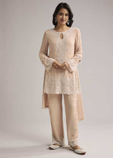 Peach Beaded Kurti Pant Set With Dupatta
