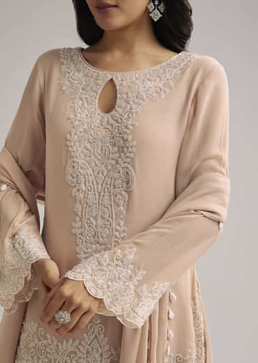 Peach Beaded Kurti Pant Set With Dupatta