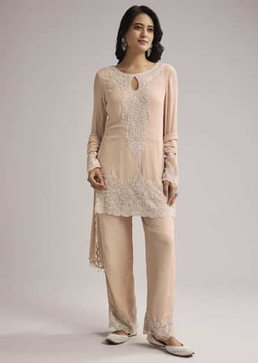 Peach Beaded Kurti Pant Set With Dupatta