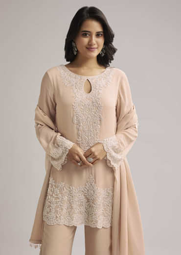 Peach Beaded Kurti Pant Set With Dupatta