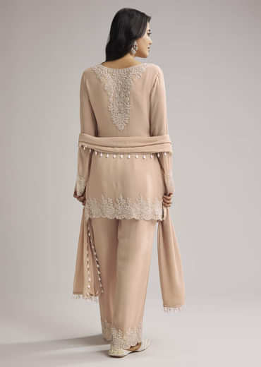 Peach Beaded Kurti Pant Set With Dupatta