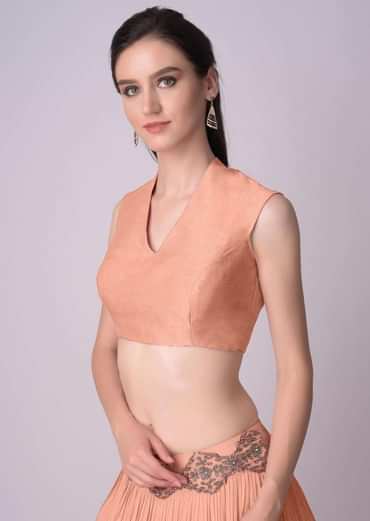 Peach Blouse In Raw Silk With V Neckline