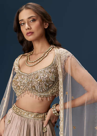 Peach Bridesmaid Lehenga With Embroidered Dupatta And Cap Sleeve Blouse