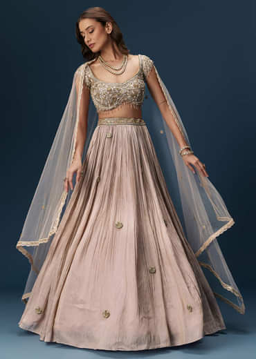 Peach Bridesmaid Lehenga With Embroidered Dupatta And Cap Sleeve Blouse