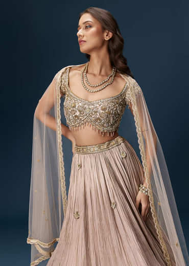 Peach Bridesmaid Lehenga With Embroidered Dupatta And Cap Sleeve Blouse