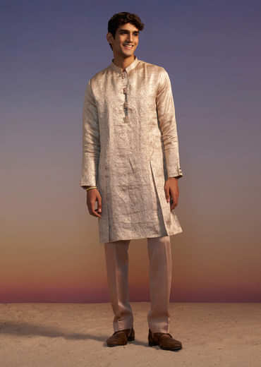 Peach Brocade Kurta Set With Self Work
