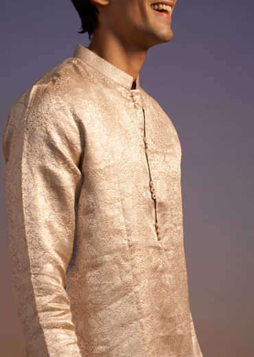 Peach Brocade Kurta Set With Self Work