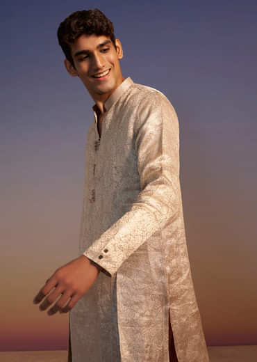 Peach Brocade Kurta Set With Self Work