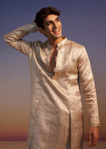 Peach Brocade Kurta Set With Self Work