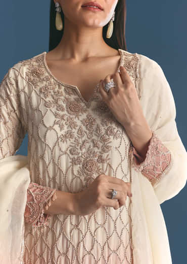Peach Chinon Ombre Kurta Palazzo Suit With Sequins Threadwork