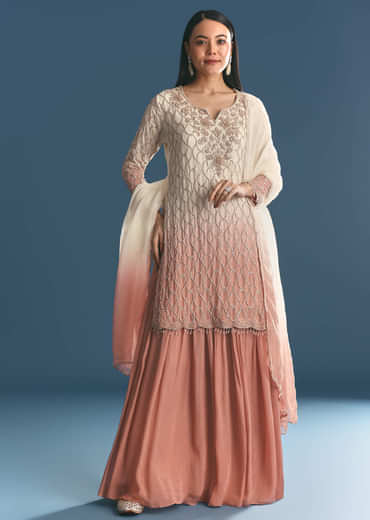 Peach Chinon Ombre Kurta Palazzo Suit With Sequins Threadwork