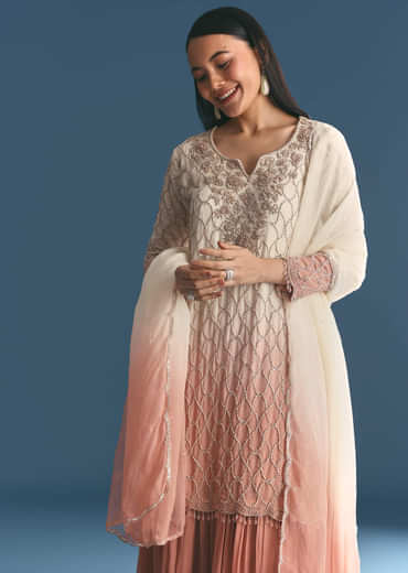 Peach Chinon Ombre Kurta Palazzo Suit With Sequins Threadwork