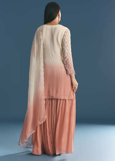 Peach Chinon Ombre Kurta Palazzo Suit With Sequins Threadwork