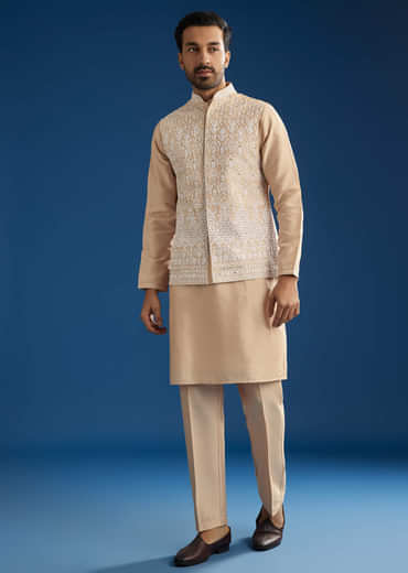 Peach Cotton Silk Jacket Kurta Set With Mirror And Dori Work