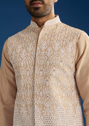 Peach Cotton Silk Jacket Kurta Set With Mirror And Dori Work