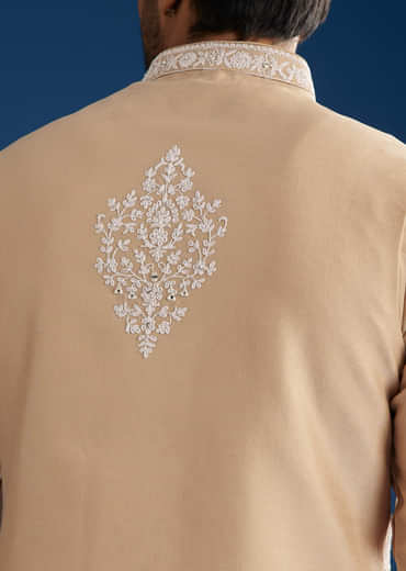 Peach Cotton Silk Jacket Kurta Set With Mirror And Dori Work