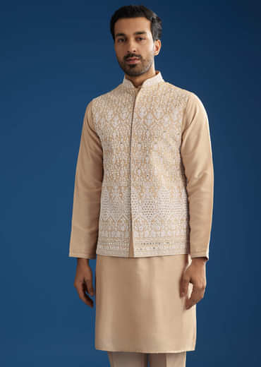 Peach Cotton Silk Jacket Kurta Set With Mirror And Dori Work