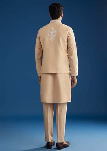 Peach Cotton Silk Jacket Kurta Set With Mirror And Dori Work
