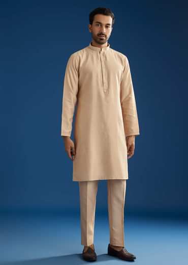 Peach Cotton Silk Jacket Kurta Set With Mirror And Dori Work