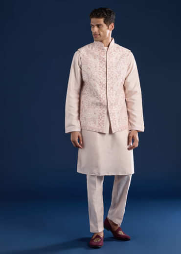 Peach Cotton Silk Jacket Kurta Set with Mirror Work