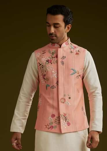 Peach Cotton Silk Kurta Set With Aari Work Jacket
