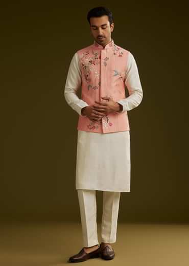 Peach Cotton Silk Kurta Set With Aari Work Jacket