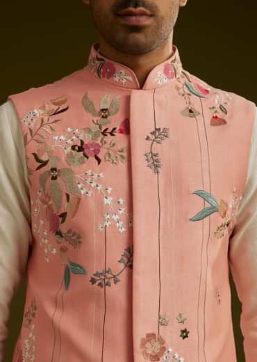 Peach Cotton Silk Kurta Set With Aari Work Jacket