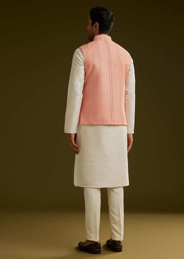 Peach Cotton Silk Kurta Set With Aari Work Jacket