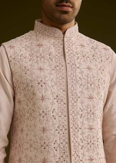 Peach Cotton Silk Kurta Set With Geometric Threadwork Jacket