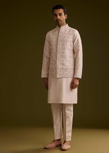 Peach Cotton Silk Kurta Set With Geometric Threadwork Jacket