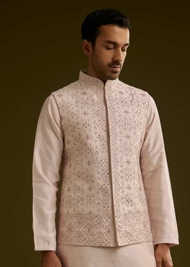 Peach Cotton Silk Kurta Set With Geometric Threadwork Jacket