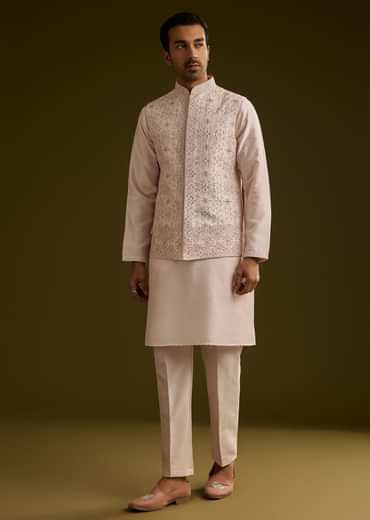 Peach Cotton Silk Kurta Set With Geometric Threadwork Jacket